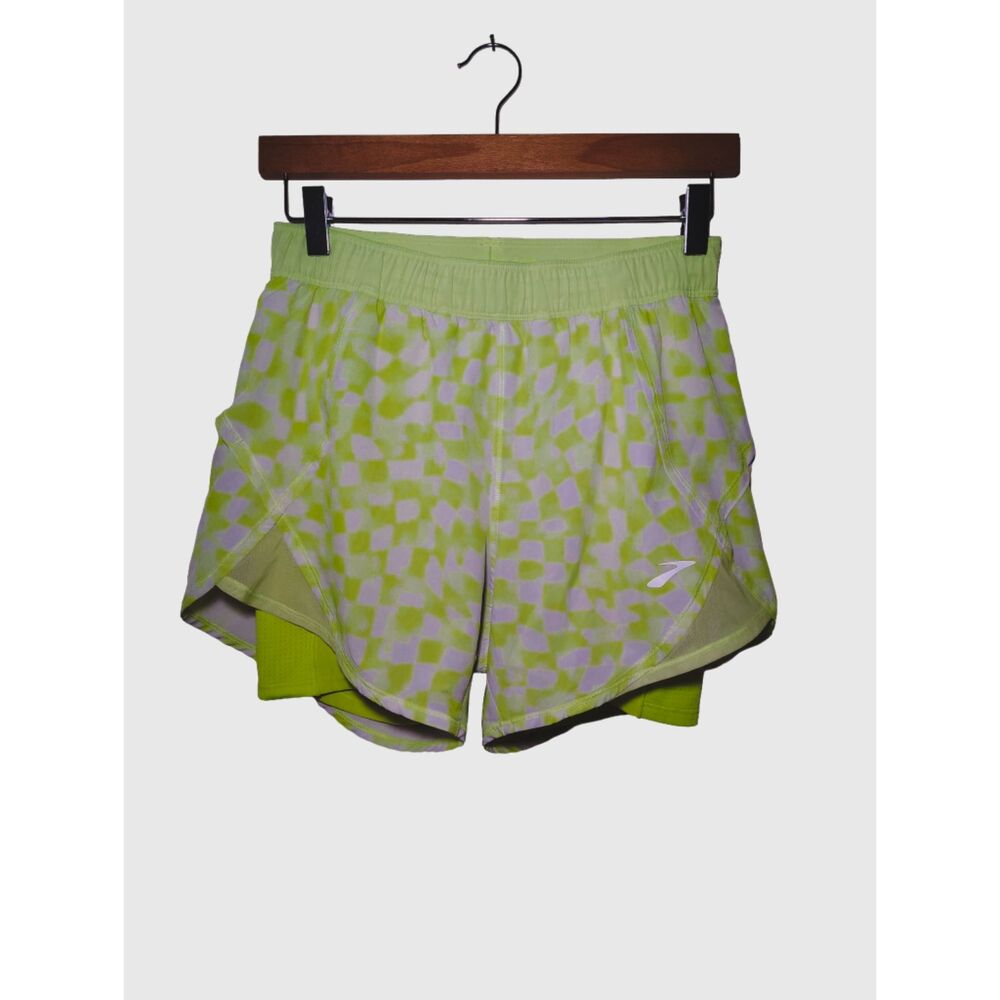 Brooks Chaser 5" 2-in-1 Running Shorts Women’s S Neon Green Abstract Pattern